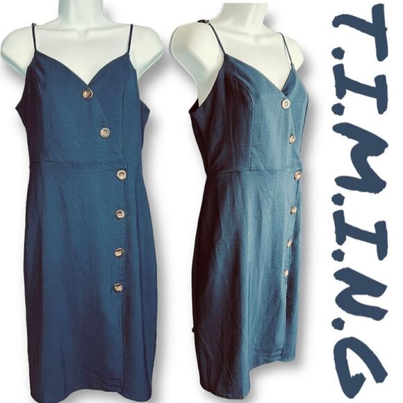 Timing Women’s Asymmetrical Button Up Spaghetti Strap Navy Blue Dress Sz S - Picture 1 of 12
